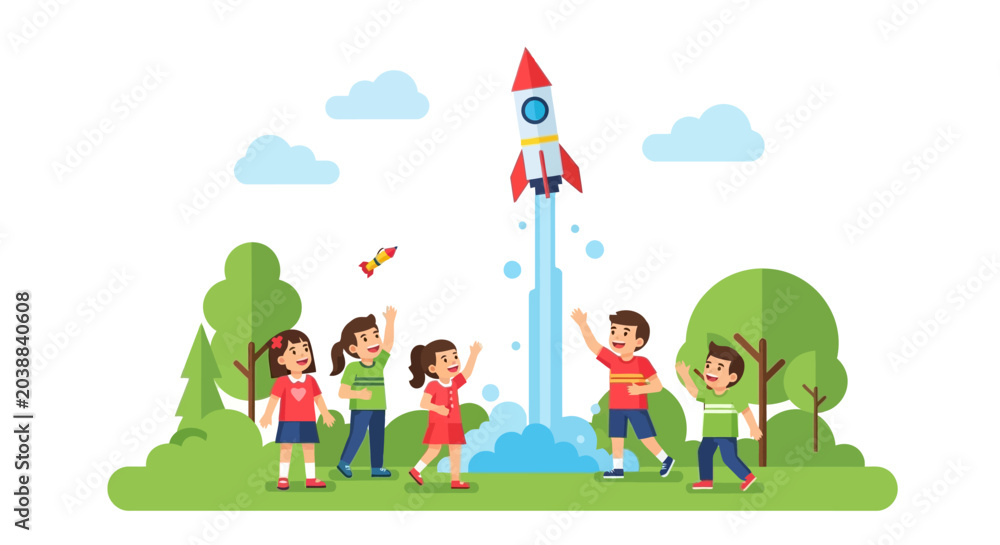 Fototapeta premium Diverse Group of Happy Children Launching a Toy Rocket in a Park, STEM Education and Science Learning Concept Vector Illustration