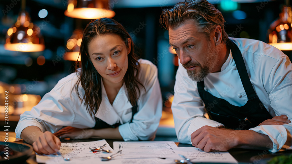 Fototapeta premium Executive chef and sous chef leaning over a cluttered test kitchen counter covered in handwritten flavor pairing notes, small tasting spoons, and printed draft menus, restaurant concept development,