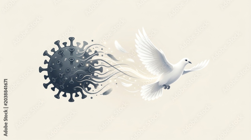 Fototapeta premium White Dove Escaping from Dark Virus Representation Symbolizing Hope