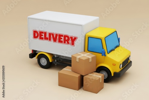 Yellow Delivery Truck With Stacked Cardboard Boxes In Warehouse Logistics And Shipping Concept