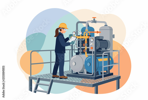 Professional Female Engineer Inspecting Industrial Machinery