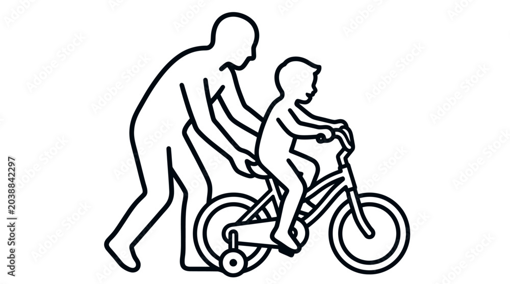 Fototapeta premium Line art silhouette illustration of a parent teaching a young child to ride a bicycle with training wheels outdoors on a bright and sunny summer day