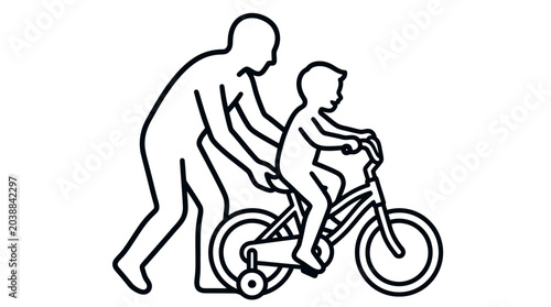 Line art silhouette illustration of a parent teaching a young child to ride a bicycle with training wheels outdoors on a bright and sunny summer day