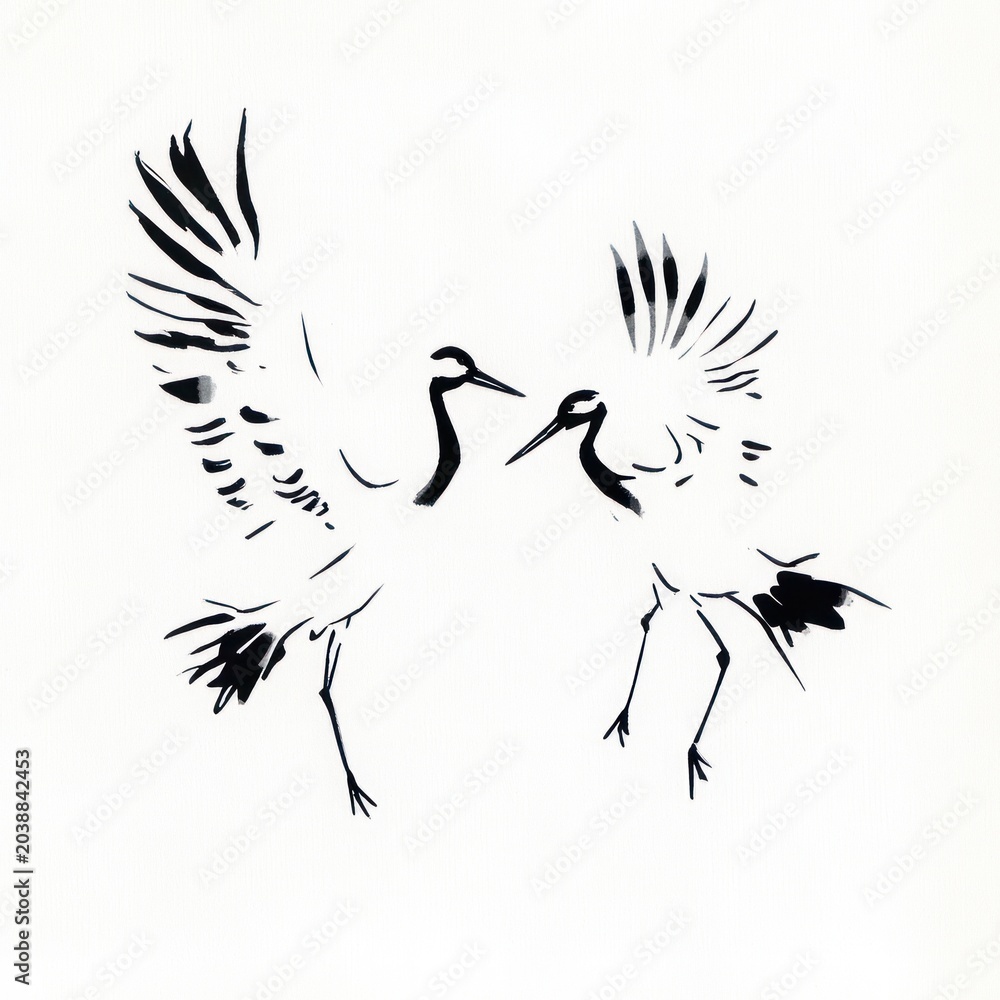 Obraz premium Black ink illustration of two elegant cranes in graceful poses against a white backdrop