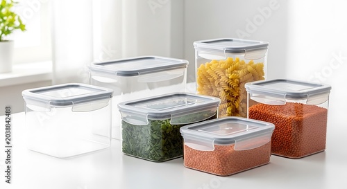 Assortment of Airtight Food Storage Containers Filled with Dry Goods on a Table. hermetic seal containers