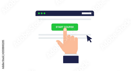 E-Learning Concept with Hand Clicking Start Course Button on Website Interface. Modern flat vector illustration of online education, digital training, and skill development.