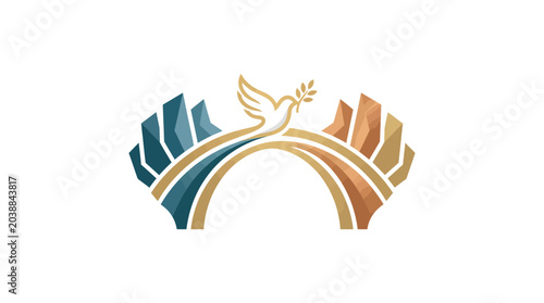 Bild auf Leinwand Logo featuring a white dove flying over a stylized rainbow with multicolored wings on a white background