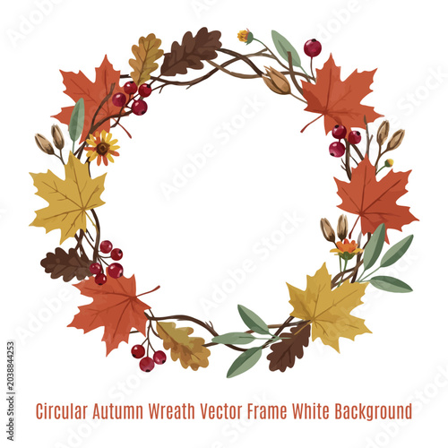 Circular Autumn Wreath Vector Frame White Background.