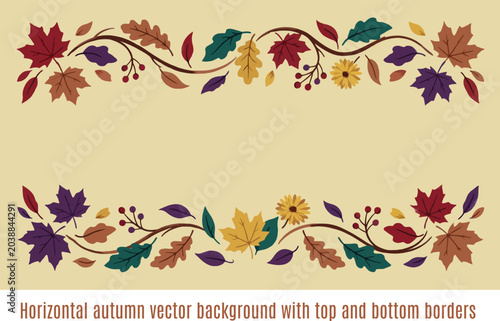 Horizontal autumn vector background with top and bottom borders