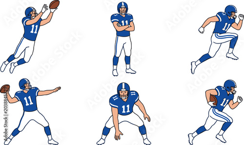 Bild auf Leinwand American Football Player Character Set in Blue Uniform Catching, Throwing, Runni