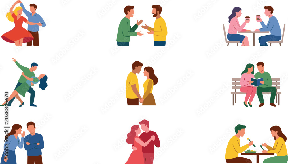 Fototapeta premium Couple Character Set with Men and Women Dancing, Talking, Dating, Hugging, and Spending Romantic Time Together