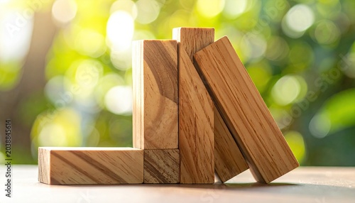 Wooden Blocks Stacked in a Creative Formation Outdoors.