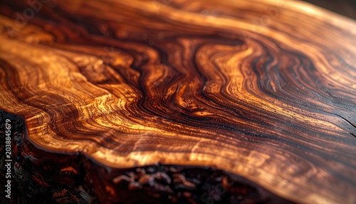 Close-up Macro Shot of Richly Grained Wood Texture with Warm Lighting.