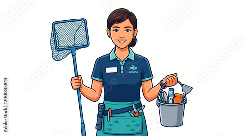 Billede på lærred A female exterminator holding a net and bucket with tools, wearing a uniform, against a clean white background