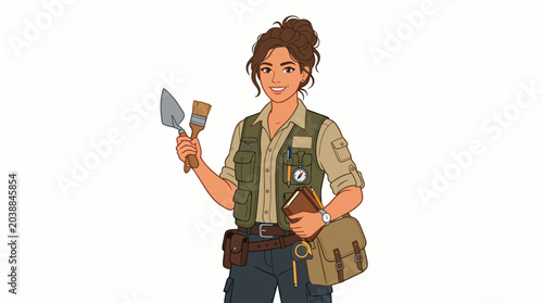 Tableau sur toile Illustration of a female archaeologist holding a trowel and bag, standing against a clean white background with a neutral mood