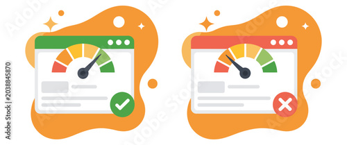 Fotografía Speed performance score gauge icon set, website speed test and optimization symbols, fast and slow loading measurement vector illustration for web browser analytics