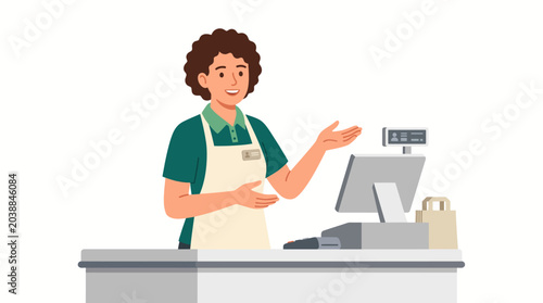 Obraz na plátně Illustration of a smiling woman wearing an apron standing behind a cash register counter with a welcoming gesture in a retail setting