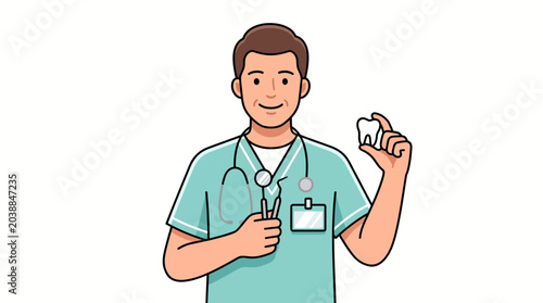 Photos A smiling male nurse in teal scrubs holds a stethoscope and a pill bottle against a plain white background