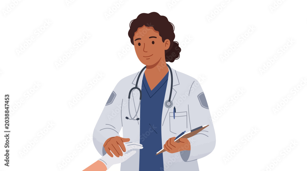Fototapeta premium Illustration of a female doctor wearing a white lab coat and stethoscope holding a clipboard and prescription pad on a clean white background.