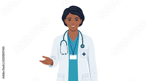 Photos Illustration of a smiling dark-haired female doctor wearing a white lab coat and stethoscope presenting with her hand outstretched against a plain white background