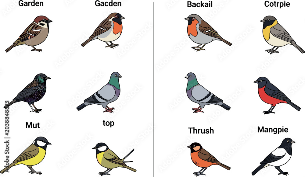 Fototapeta premium Garden bird icon set with sparrow robin pigeon thrush magpie tit flat vector illustration collection isolated design