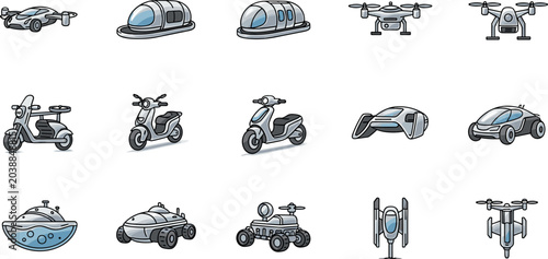 Bilde på lerret Futuristic transport vehicle vector collection with drones scooters pods rovers