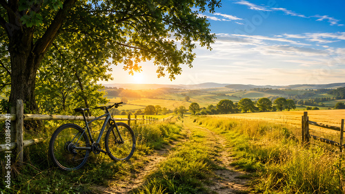Solitary hybrid bicycle parked next to a rustic wooden fence under a large tree overlooking a beautiful rolling green countryside valley celebrating a peaceful bicycle day