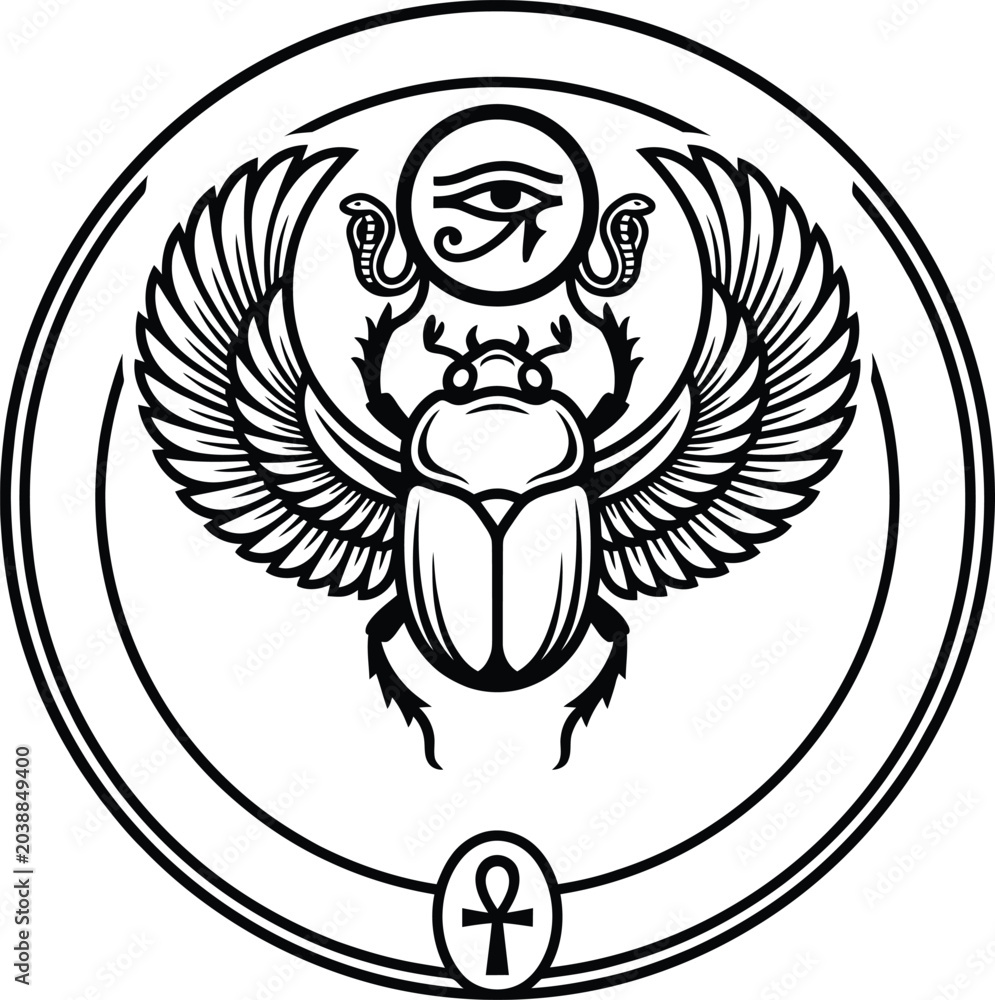 Obraz premium A comprehensive monochromatic drawing featuring an iconic winged scarab beetle symbol centered in a circular frame.