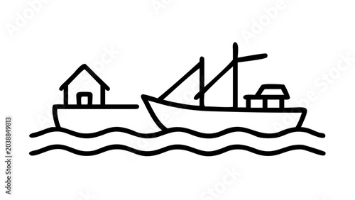 Simple line art illustration of a small boat with a house on deck