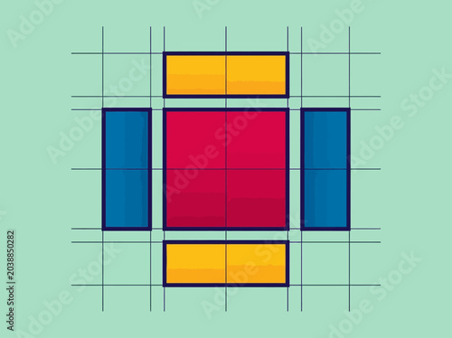 Fotografia Abstract Bauhaus Inspired Geometric Grid Composition with Red Blue and Yellow Sh