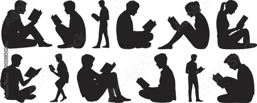 Foto 12 Silhouette Figures of People Reading Books in Various Poses on White Backgrou