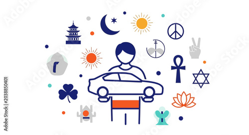 Man Sitting In Car With Symbols.