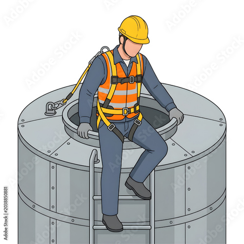 Confined space entry worker lowering into tank with safety harness