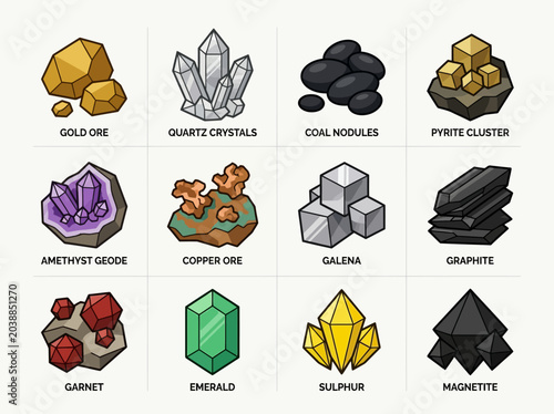 Konstfotografi Collection of Mineral and Ore Vector Icons for Gaming and Education - Gold, Quar