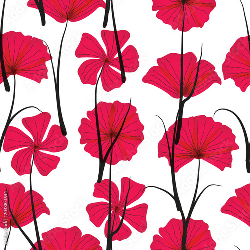 Seamless vector pattern featuring stylized pink and red flowers with thin black stems set on white background.