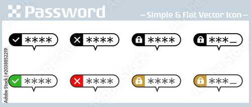 Password Security Authentication Icon Set with Lock, Success Check and Error Cross Mark