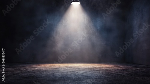 A dimly lit empty stage with a bright spotlight