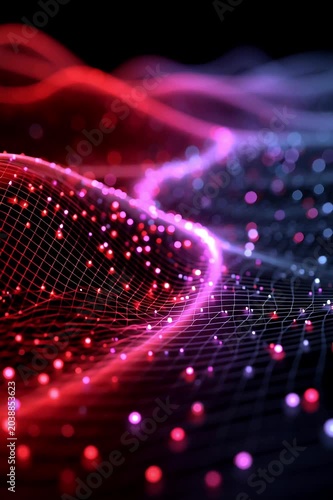 Colorful waves of light and movement in a digital landscape at night