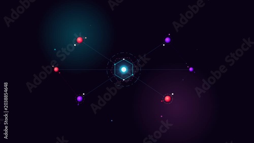Abstract Digital Hexagon Core with Orbiting Spheres and Particles in Dark Space.