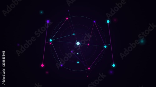 Abstract Digital Network Animation with Glowing Nodes and Interconnected Lines on Dark Background.