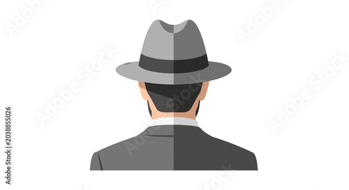 Anonymous man wearing a gray fedora hat and suit seen from behind