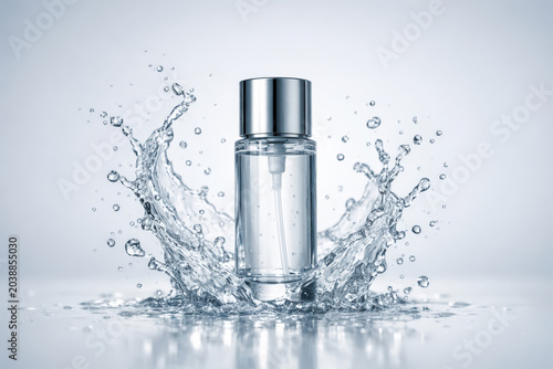 Clear glass serum bottle with dynamic water splash background for skincare product banner poster and minimalist beauty packaging design