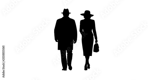 Silhouette of a man and woman in classic vintage attire walking