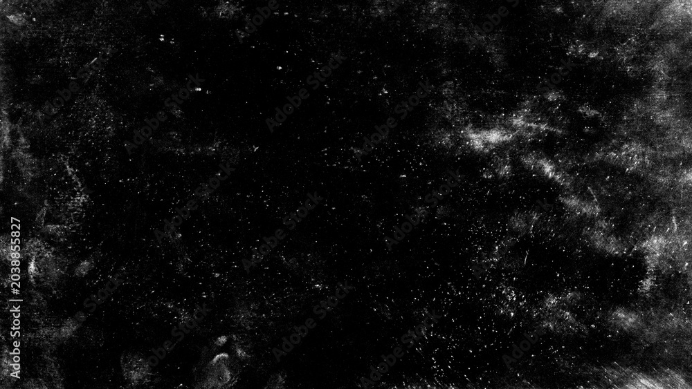 Fototapeta premium Abstract dark background with white dust and grain, textured surface for overlay effects, grunge design element, copy space for text, black and white texture.