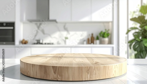 Empty Wooden Cutting Board on Kitchen Countertop with Blurred Background.