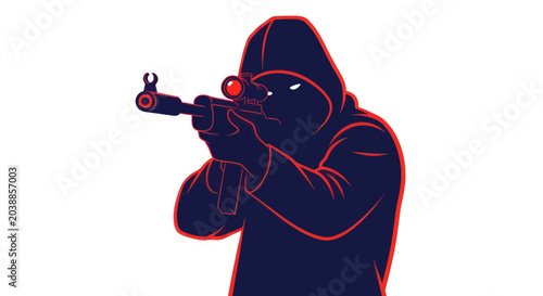 Tableau sur toile Anonymous Sniper in Hoodie Aiming Rifle with Scope, Silhouette Illustration