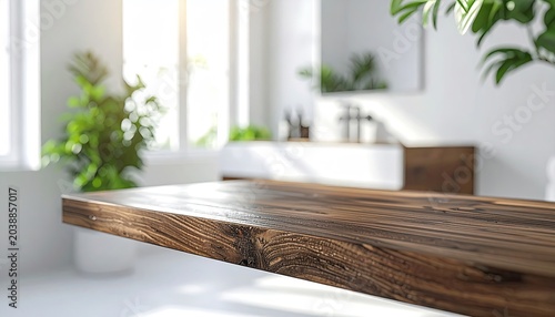 Rustic Wooden Table Surface in Bright Sunlit Room with Green Plants.