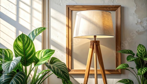 Warm Sunlight Illuminates a Stylish Floor Lamp and Lush Green Plants.