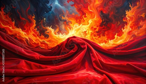 Fiery Red Fabric with Blazing Flames.