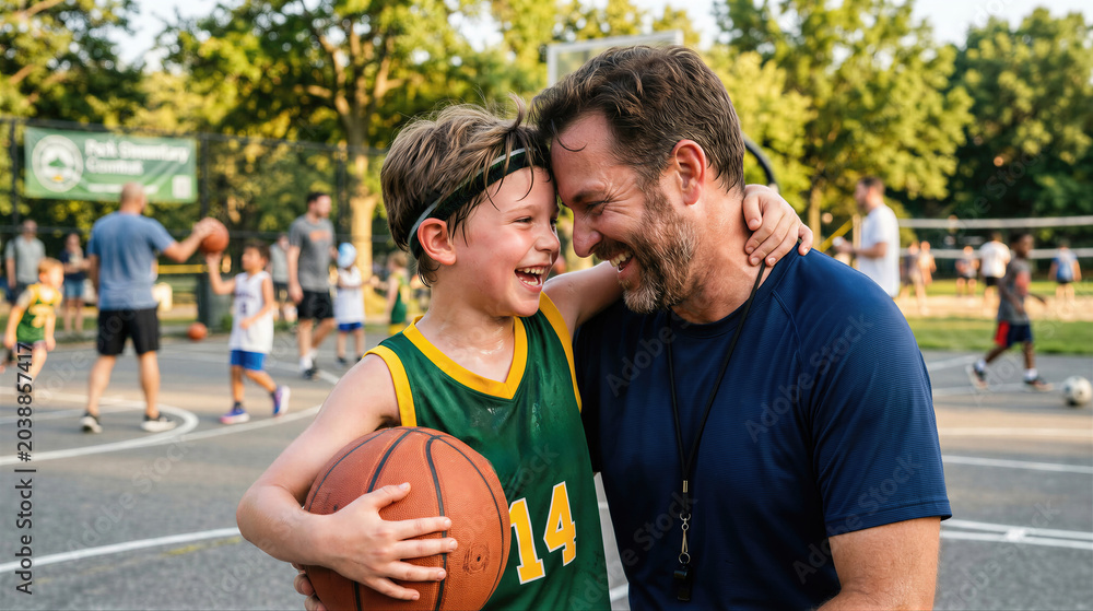 Naklejka premium Father coach hugging happy child basketball player on outdoor court. Family summer sport activity and healthy lifestyle. Mentor supporting young athlete in successful game training session.